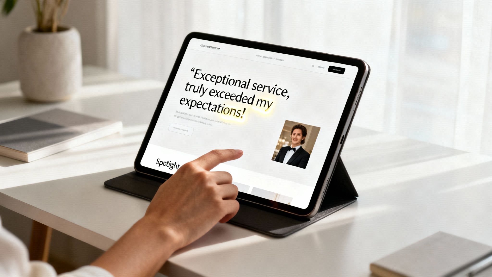 Close-up of a hand interacting with a tablet showing an 'exceptional service' testimonial.