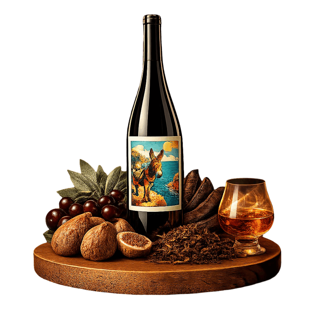 Artistic label and flavor profile for Dalmatian Dingac on a rustic wooden table.