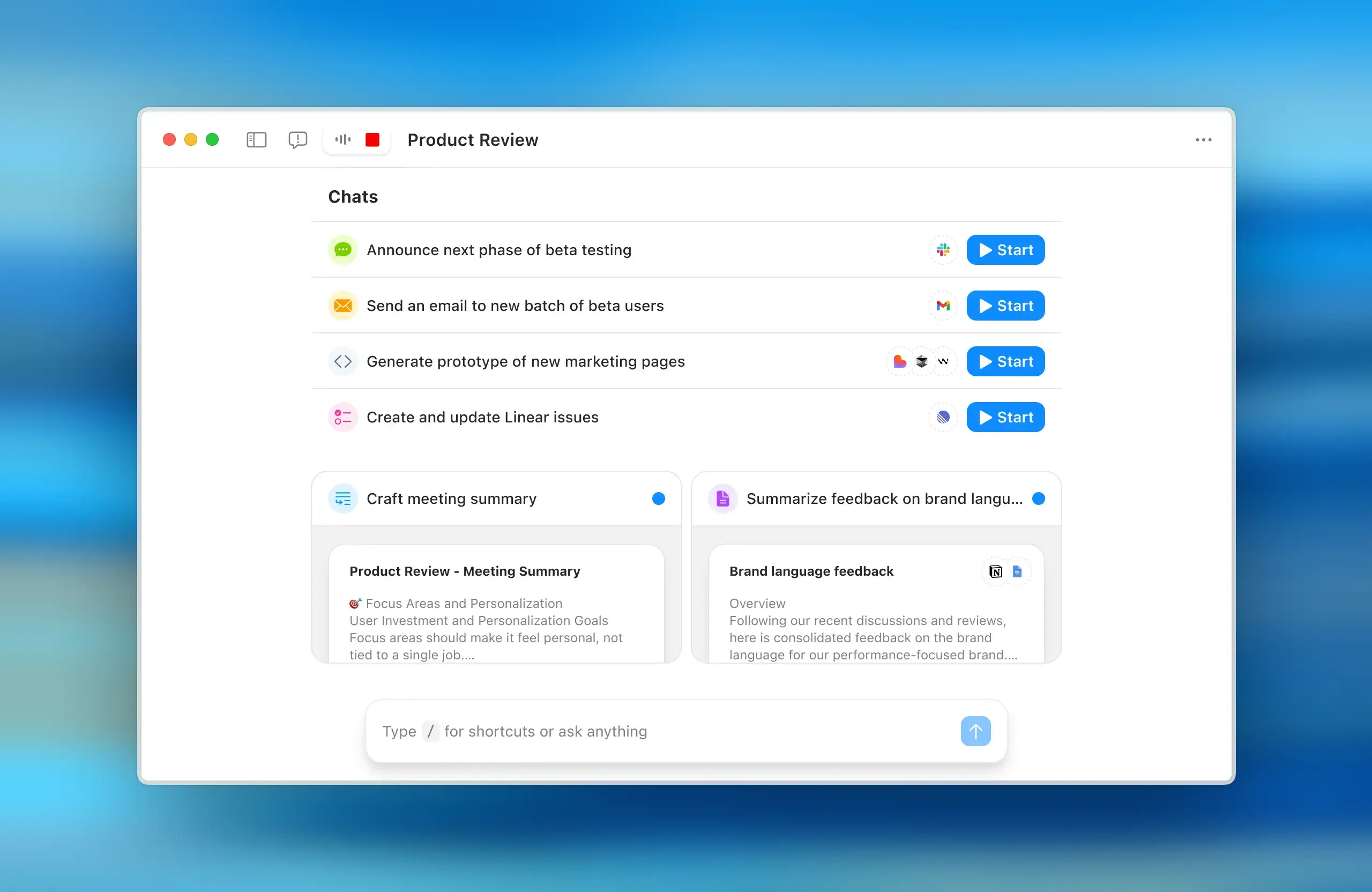 Radiant’s minimized recording mode shown during a Product Review meeting. The app continues capturing audio while the user browses past chats, suggested follow-up actions, and generated drafts. A small recording bar appears at the top, and the workspace below is fully accessible until the notepad is restored.