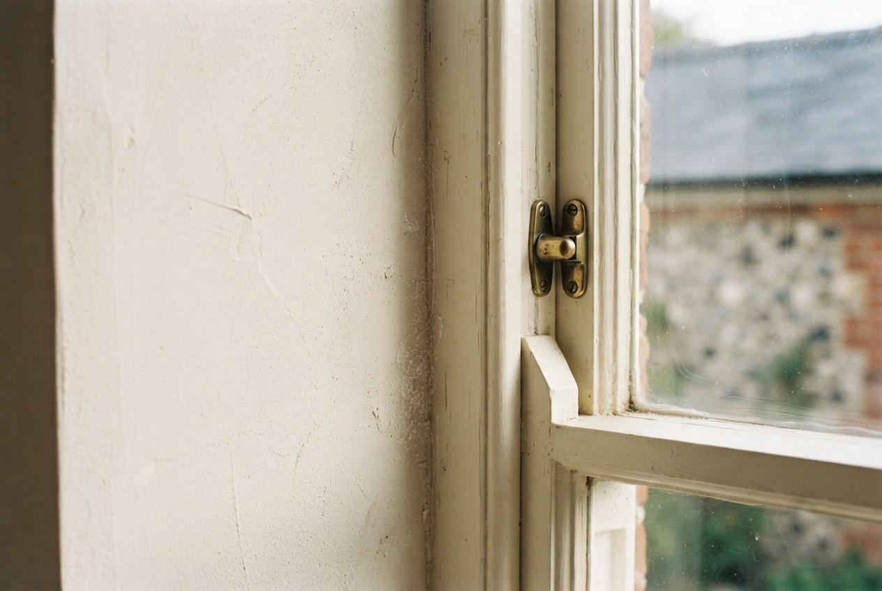 Detail of hot-mixed lime plaster and restored box sashes