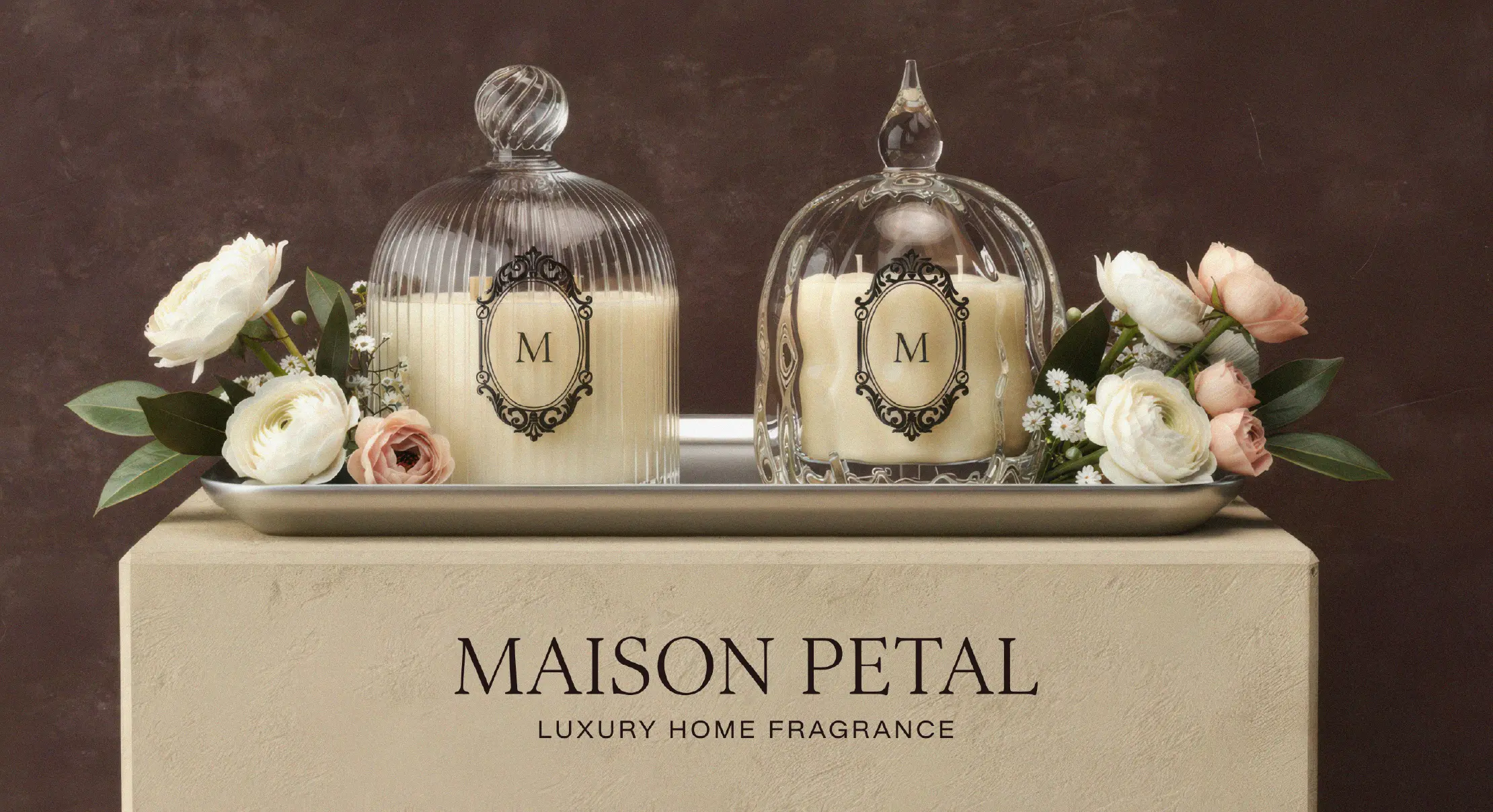 Brand identity design for Maison Petal luxury home fragrance brand including logo and packaging
