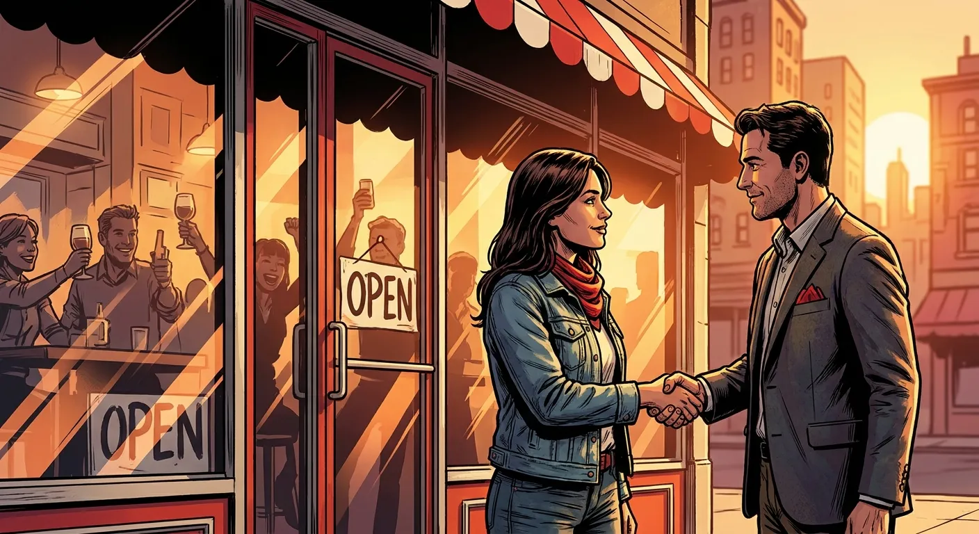 Two people shaking hands outside a cafe, showcasing RockN' Socials Digital Marketing Agency.