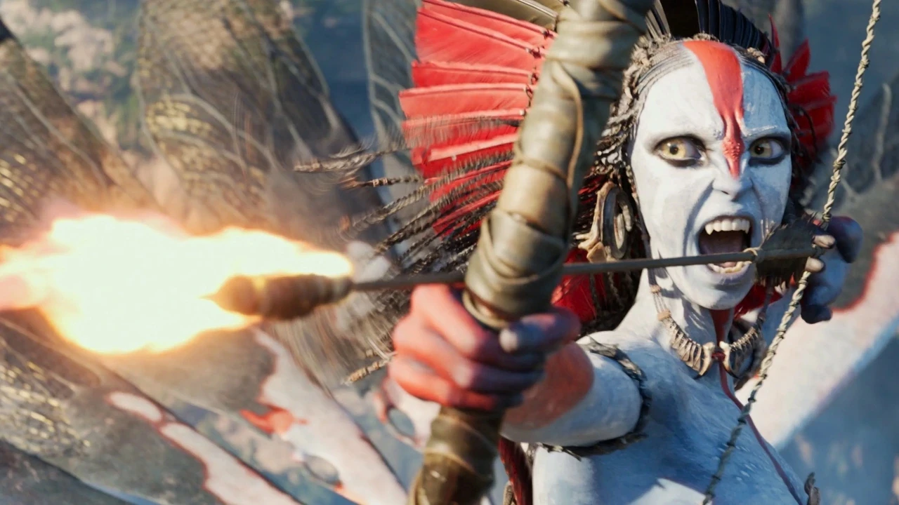 A fierce character with face paint and red accents, wearing a feathered headdress, fiercely draws a bow with a flaming arrow ready to be released, set against a blurred natural backdrop, evoking themes of action and fantasy.