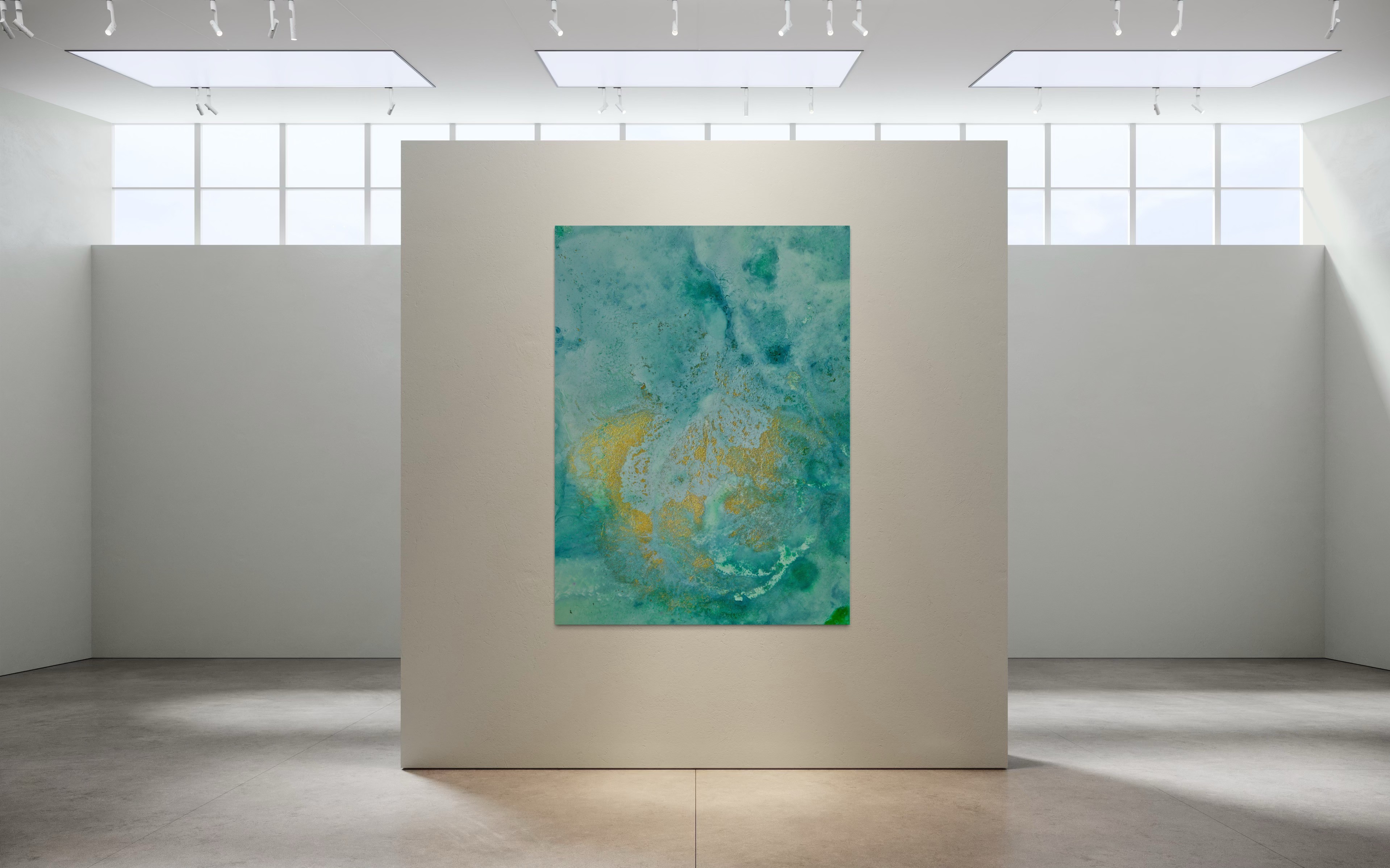 A modern gallery space with a geometric abstract painting on a white wall