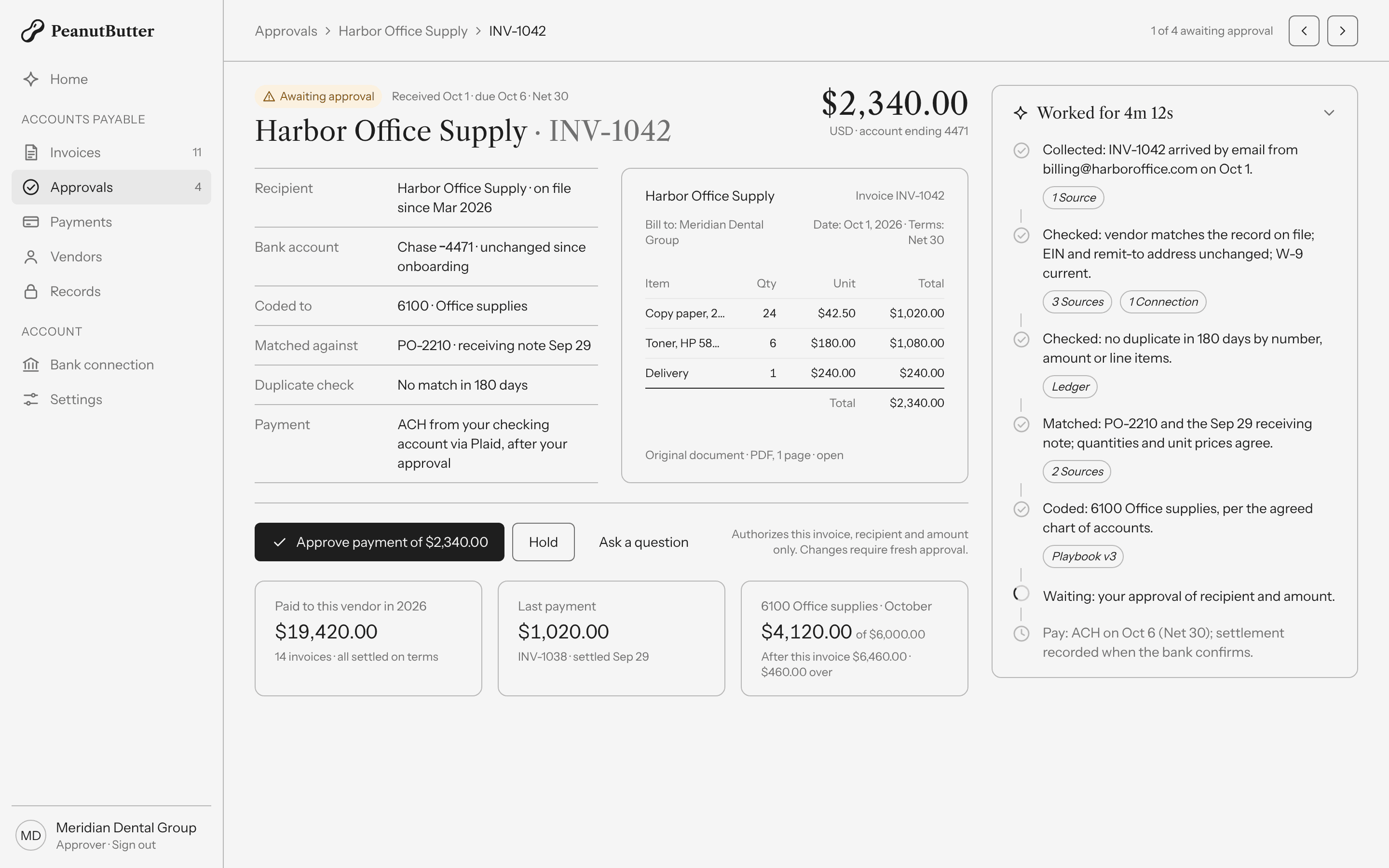 Illustrative PeanutButter Console invoice approval screen with sample vendor and amount; not a live account