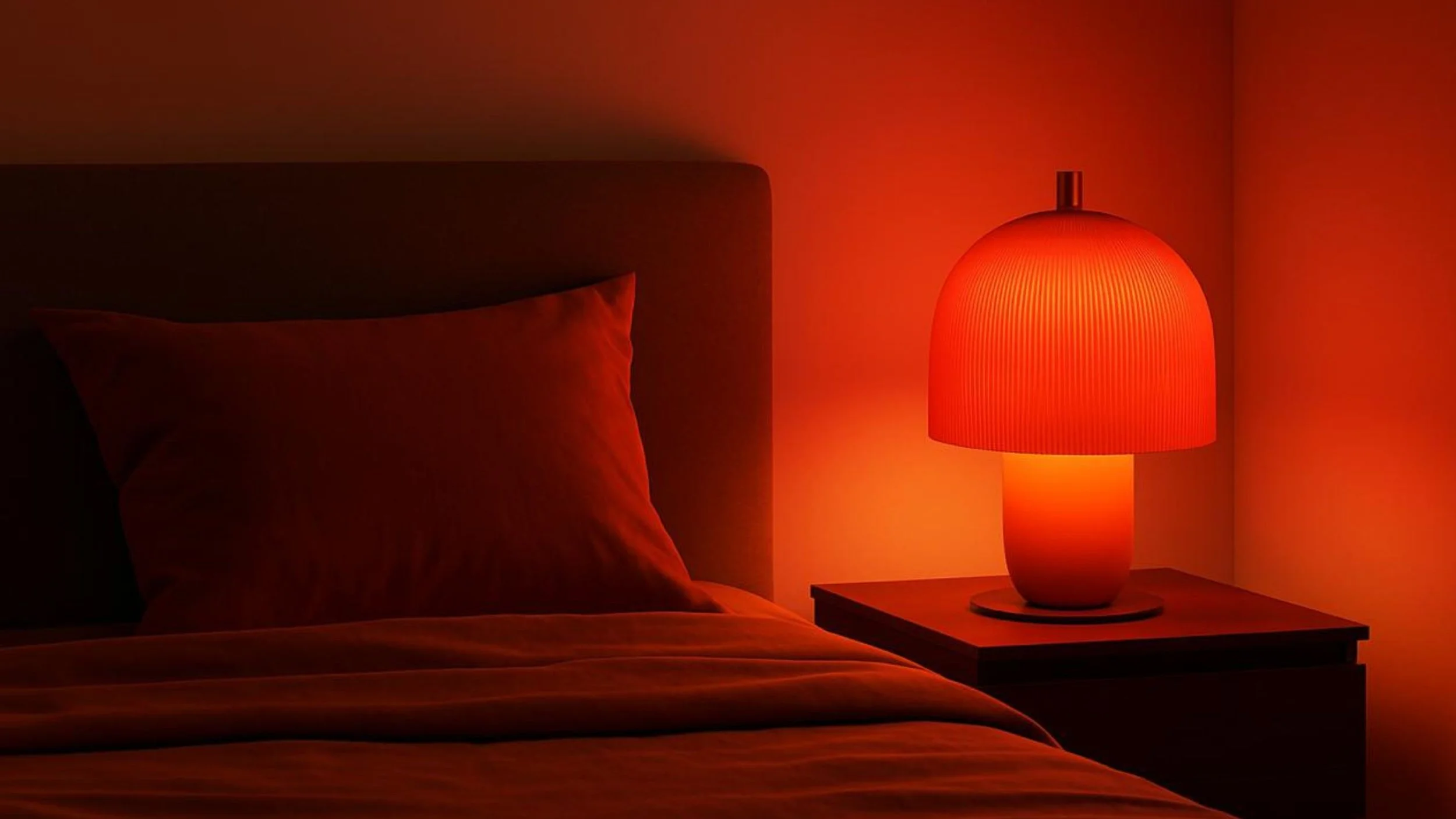 Warm red bedside lamp glowing on a nightstand beside a bed