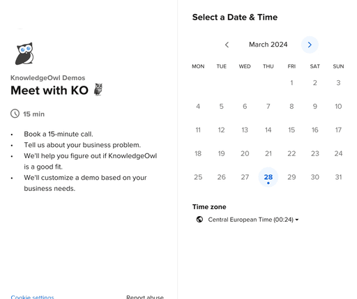 screenshot of booking calendar