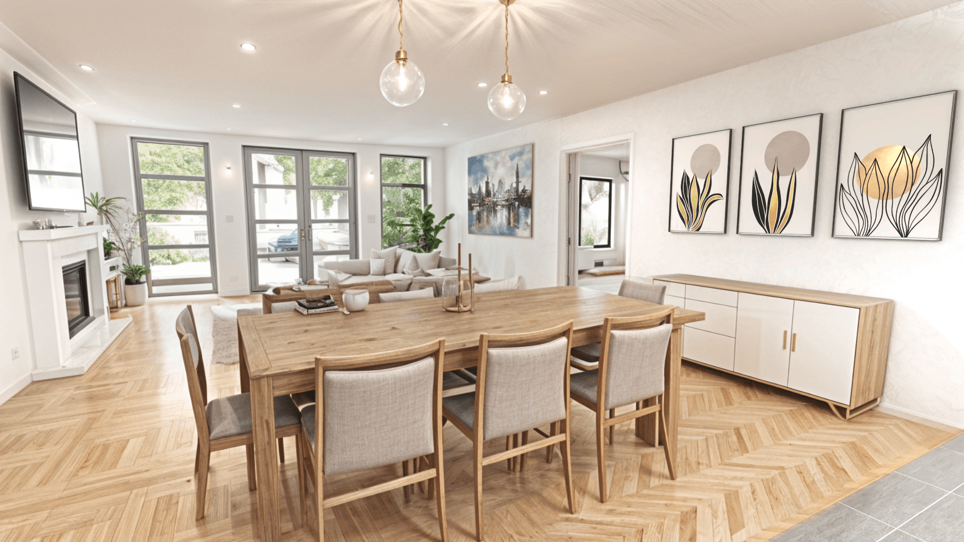 Bright and stylish living room with wooden flooring, an open dining area, and contemporary furnishings for a warm and inviting atmosphere.