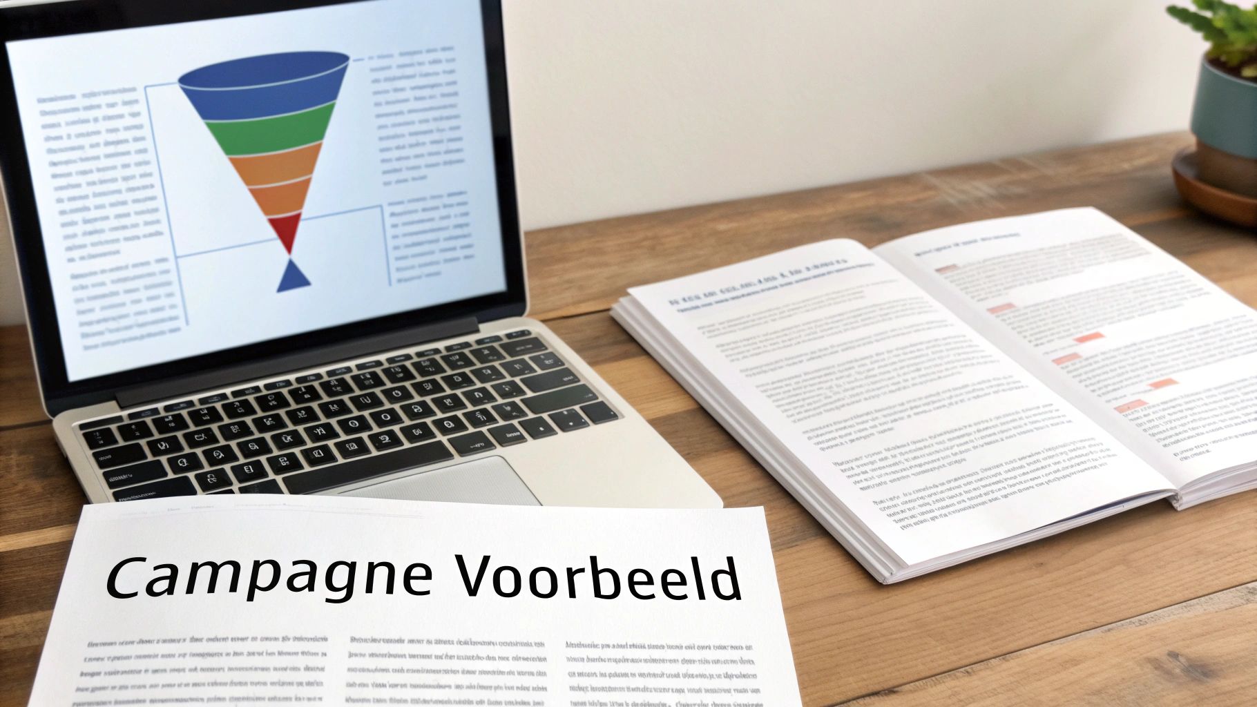 Een laptop met een marketingtrechter-grafiek, een open boek en een document met 'Campagne Voorbeeld' op een houten bureau.