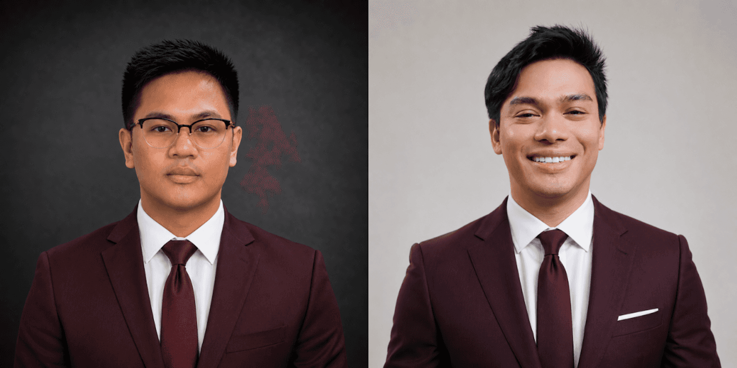 Marky Pascua and Kelvin Justo Garcia wearing matching burgundy suits in side-by-side professional portraits.