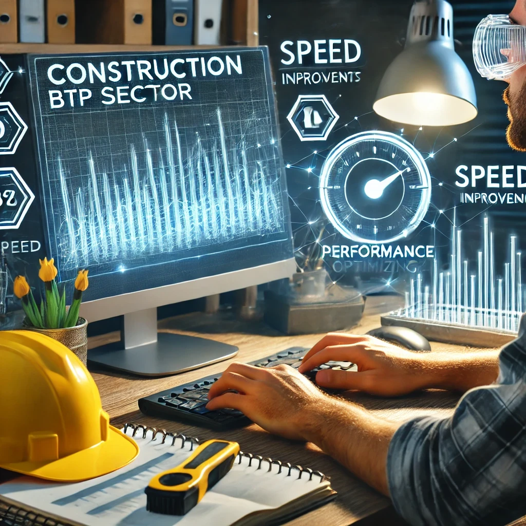 Un technicien optimisant un site BTP sur un ordinateur, avec des graphiques de performance et des icônes de vitesse en arrière-plan pour symboliser l’amélioration de la rapidité.