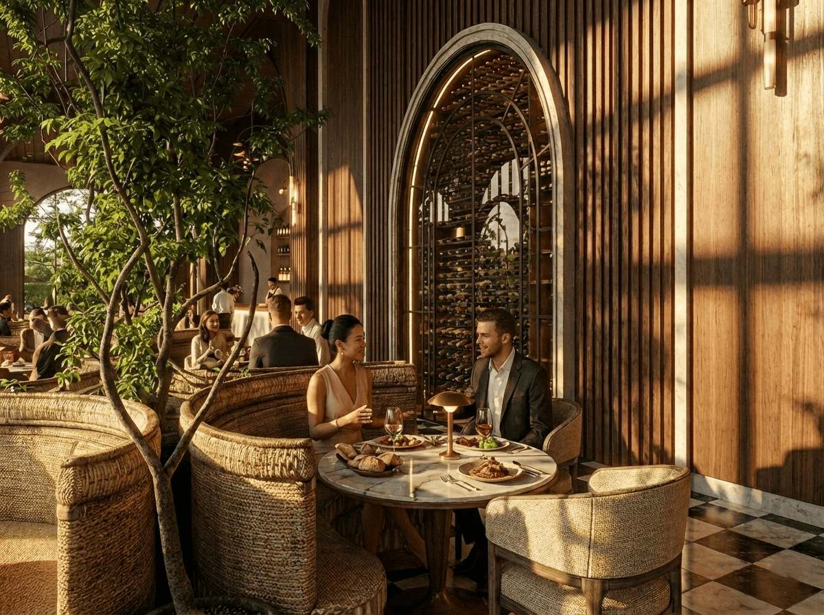 Earth-toned minimalist interior with travertine desk, plaster walls, and natural light.