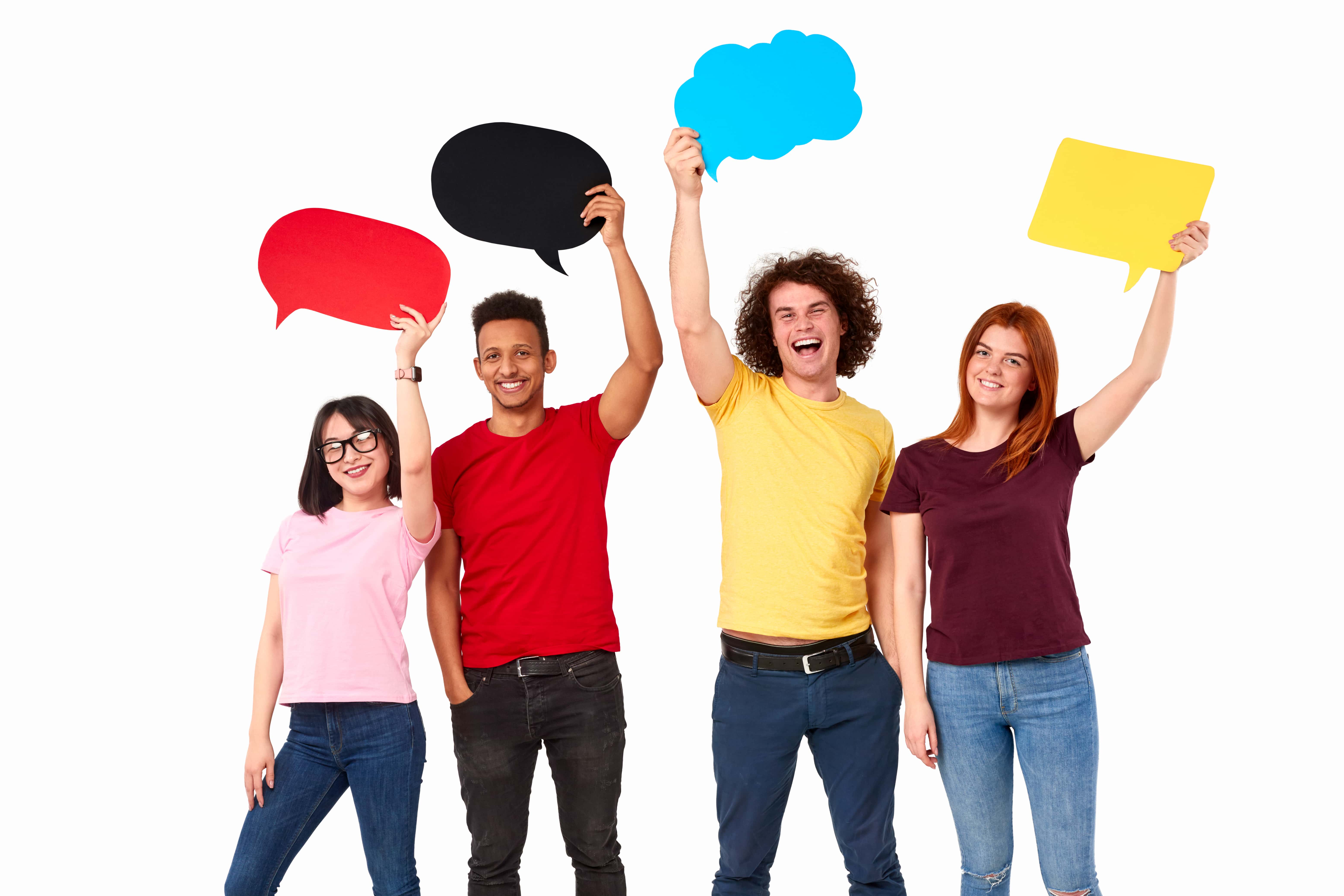 Multiracial students with speech bubbles