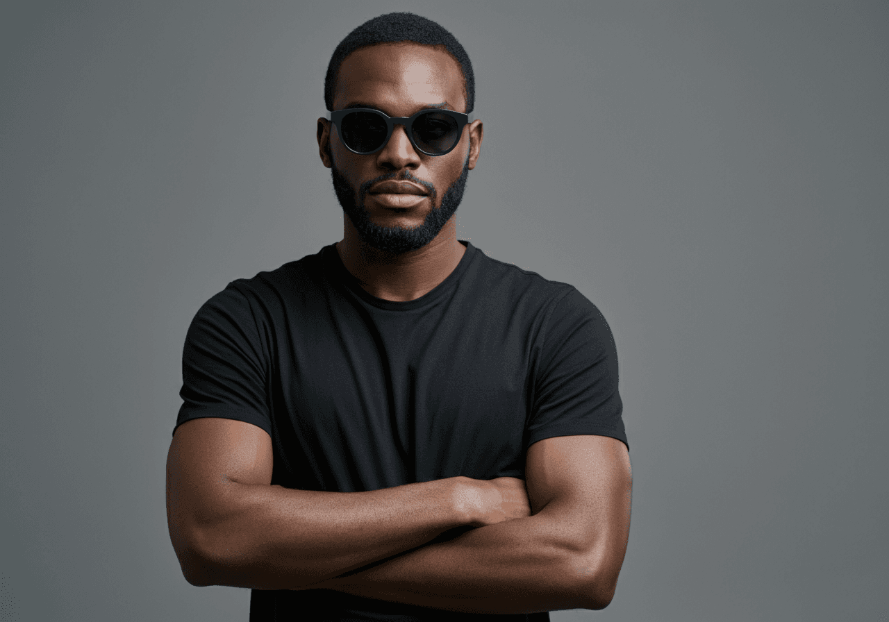 Portrait shot of a man wearing black sunglasses.