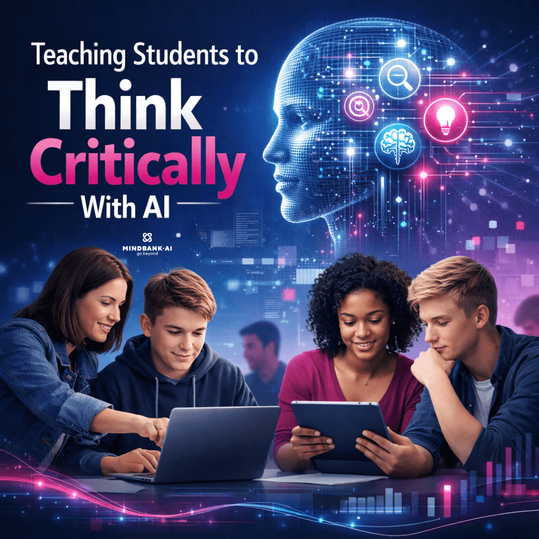 AI-powered critical thinking training showing students using AI tools to analyze problems, evaluate information, and develop independent reasoning skills in modern education