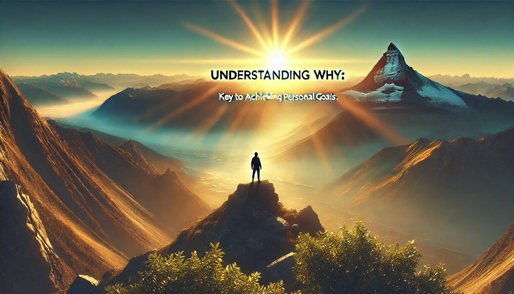 Silhouette of a person standing at the edge of a cliff overlooking a vast ocean at sunset, symbolizing deep contemplation and determination. The colorful sky reflects personal reflection and the journey towards achieving goals, with the blog title 'Understanding Your Why: Key to Achieving Personal Goals' prominently displayed.