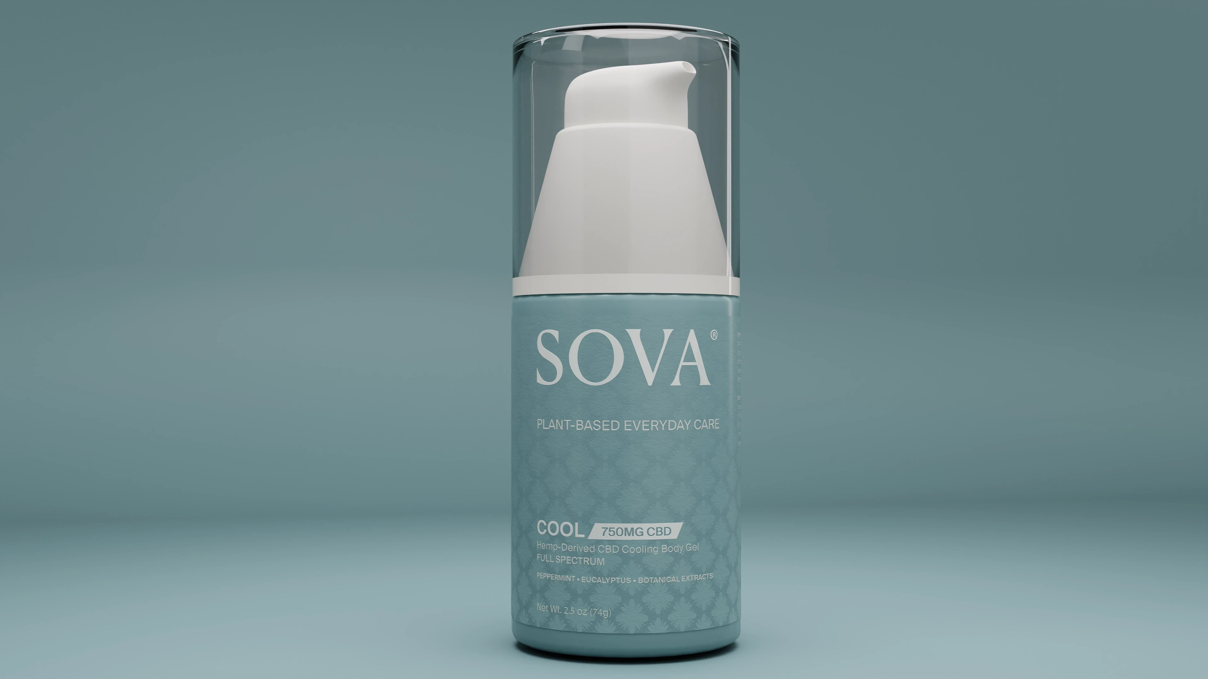 Pale blue SOVA airless pump bottle with a damask pattern label