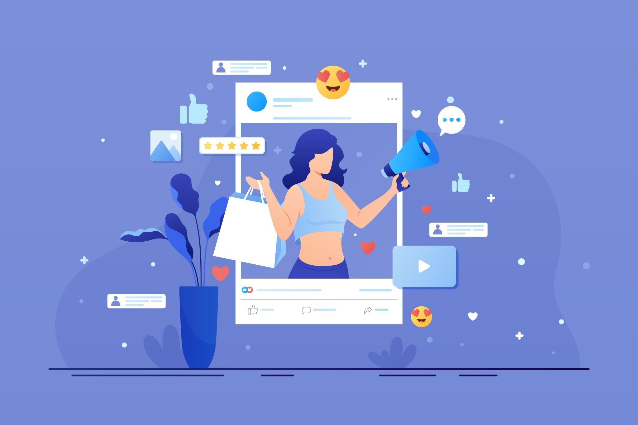 Flat illustration of a female influencer holding shopping bags and a megaphone inside a social media post frame with likes, stars, and emoji reactions