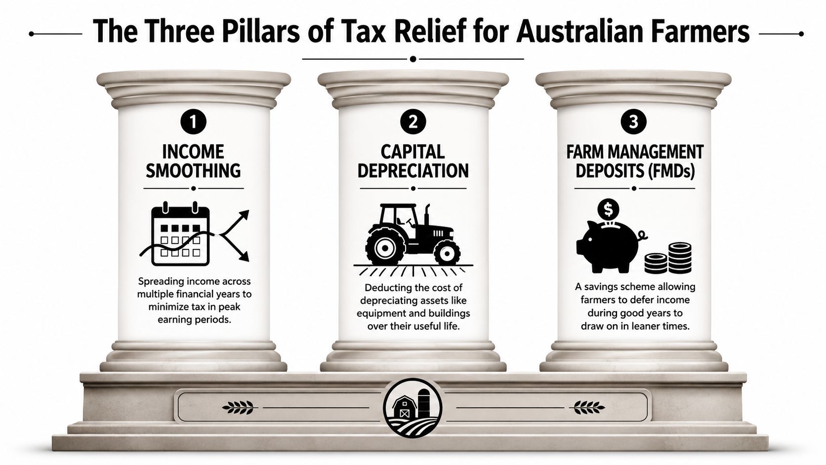 An infographic titled The Three Pillars of Tax Relief for Australian Farmers explaining income smoothing, capital depreciation, and FMDs.