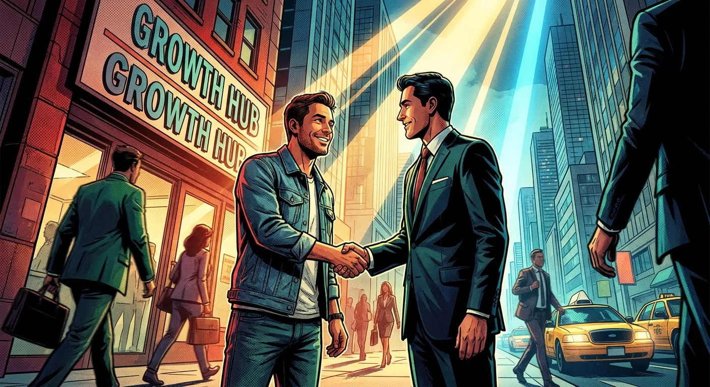 Handshake outside "Growth Hub," symbolizing RockN' Socials Digital Marketing Agency.