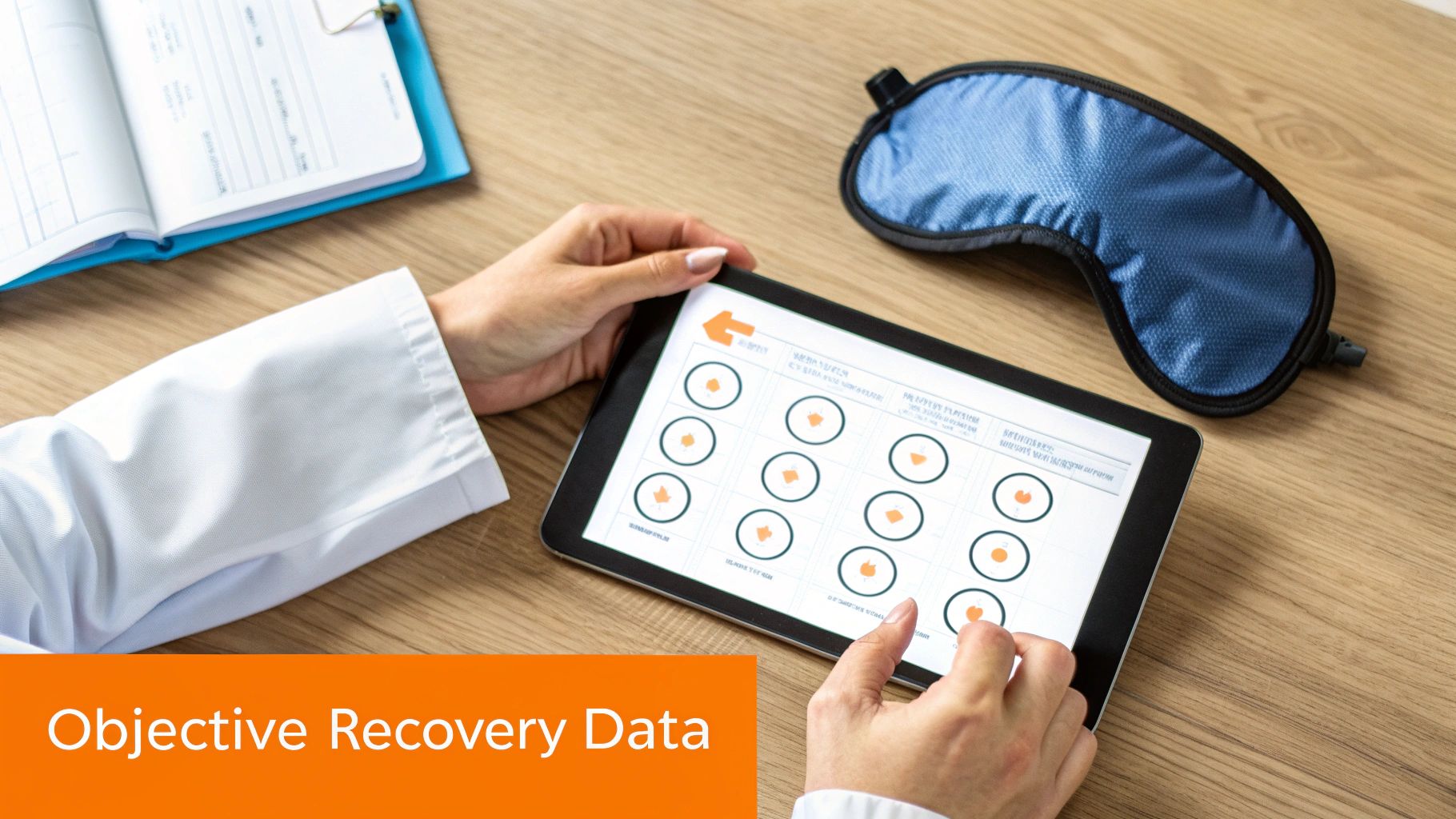 A medical professional reviews objective recovery data on a tablet, with a sleep mask and notebook.