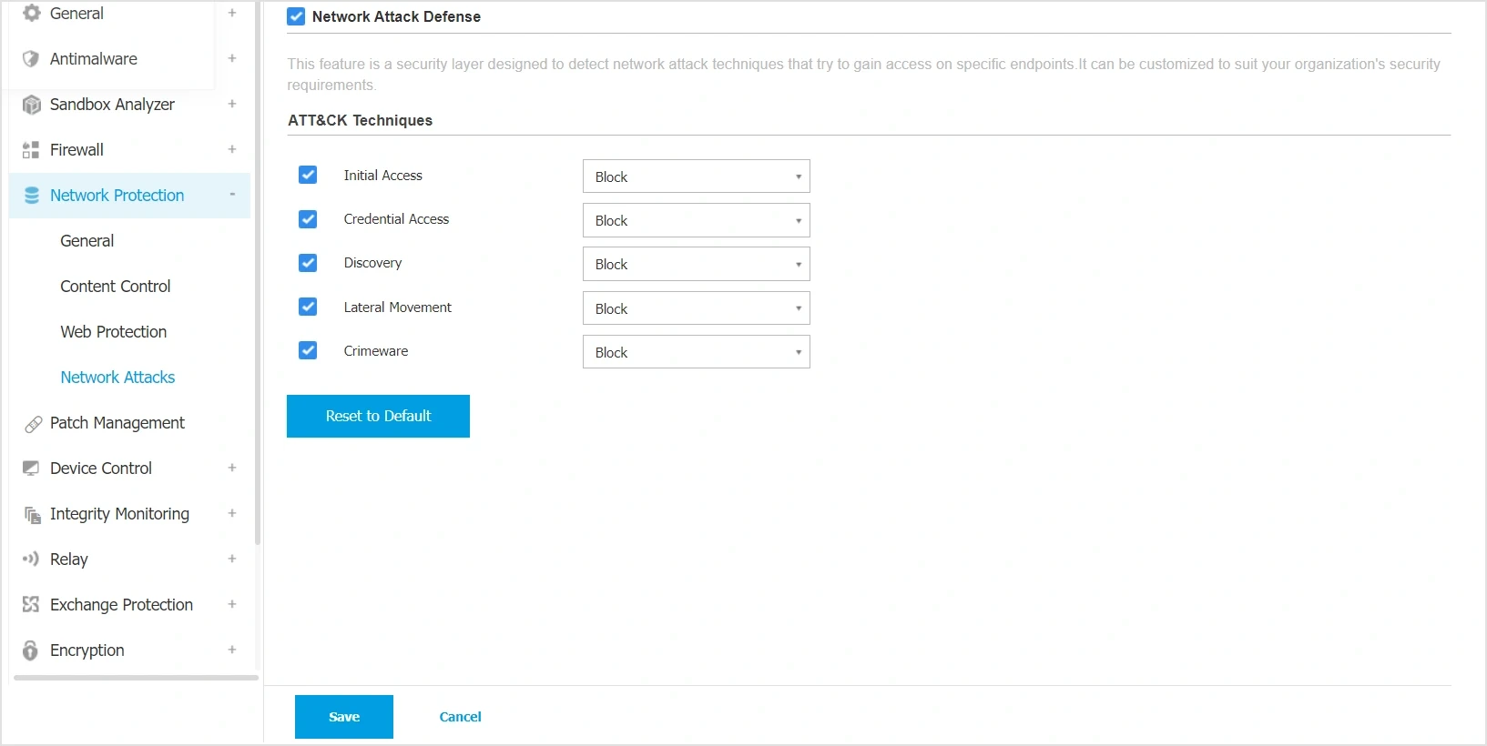 GravityZone policy editor configuring Network Attack Defense blocking rules