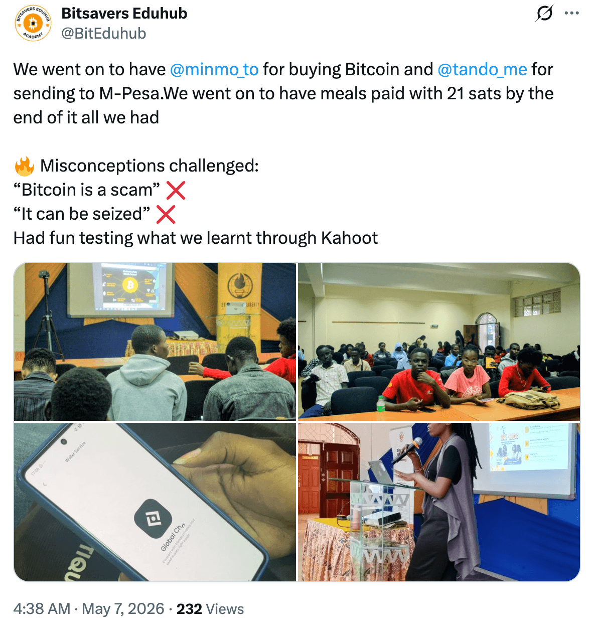 Bitsavers Eduhub shares a post on X recapping the Kenyatta University Bitcoin event, including mini app demos, meals paid in sats, and misconceptions challenged