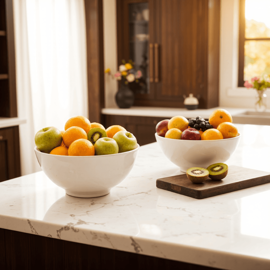product photography of Kitchen countertop setup with fruits and flowers