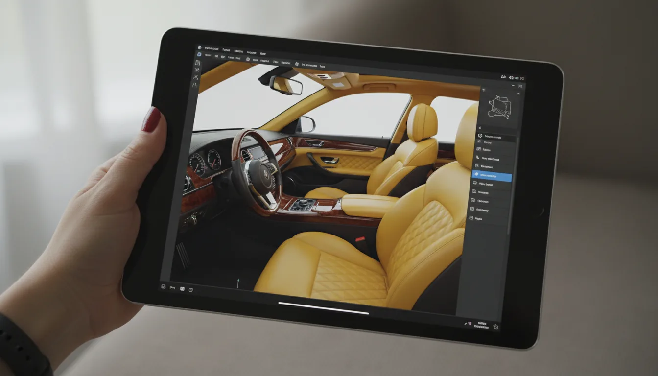 DSLR photograph, close-up shot of a woman's hand with dark red nail polish holding a black iPad. The iPad screen displays the Twinmotion software interface, showing a photorealistic 3D render of a luxury car's interior with vibrant yellow diamond-quilted leather seats and dark wood accents. The shot is angled to feature the screen prominently. Soft, even natural daylight illuminates the scene, with a shallow depth of field creating a blurred, neutral-toned textured background. The Twinmotion UI is visible as a minimalist transparent overlay with navigation icons.