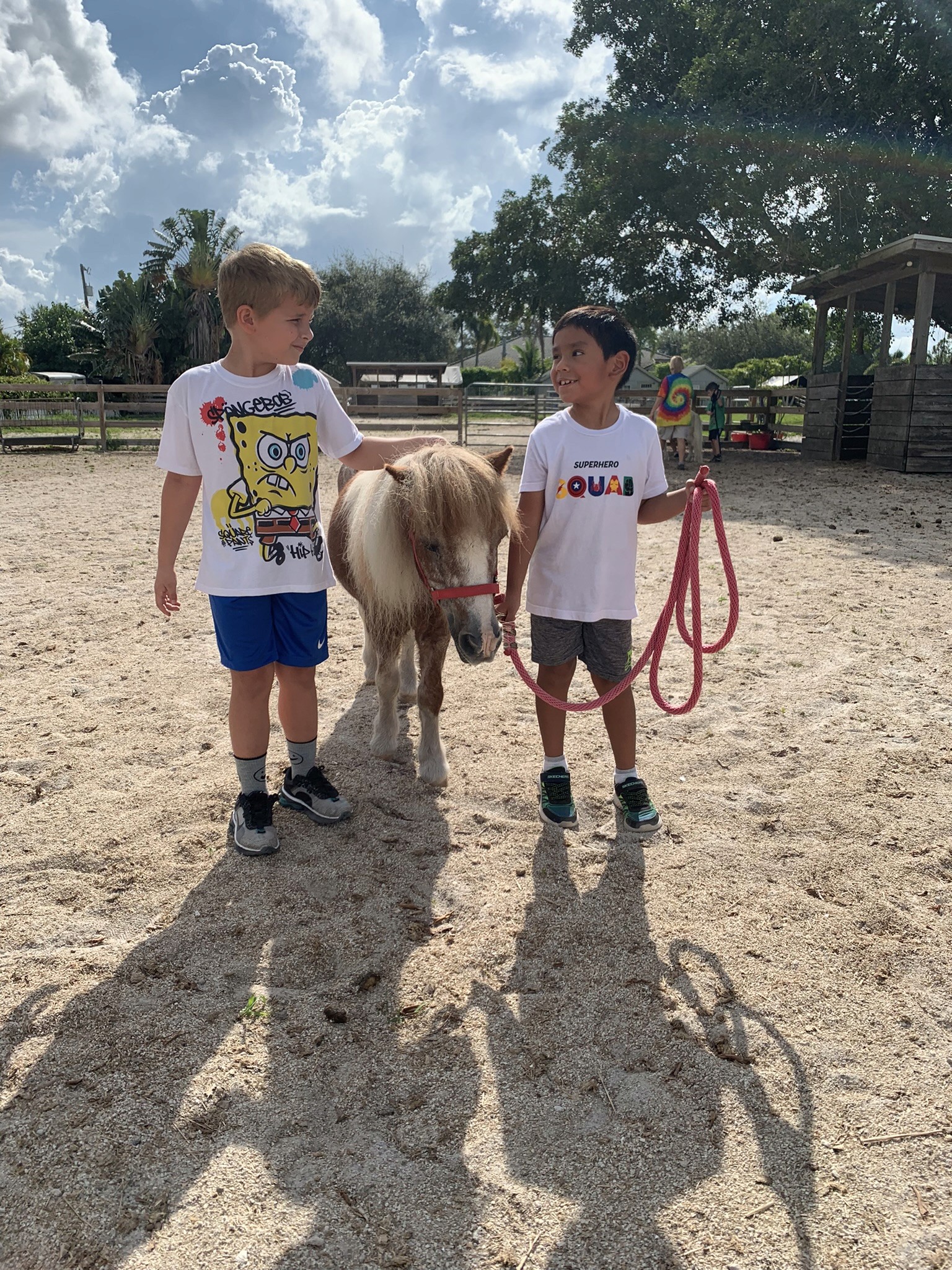 two boys walking with a mini horse at Tommorrow's Rainbow mini ranch while receive greif counseling