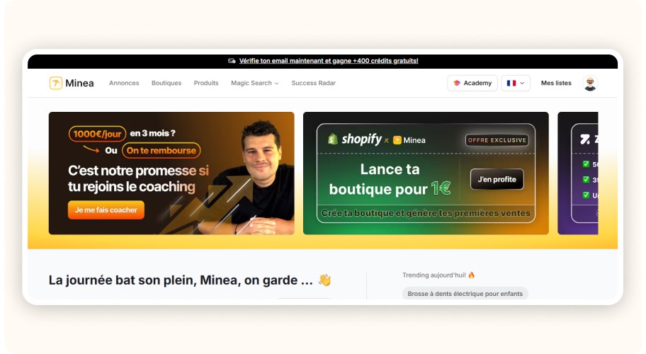  Interface d’accueil de Minea&nbsp;