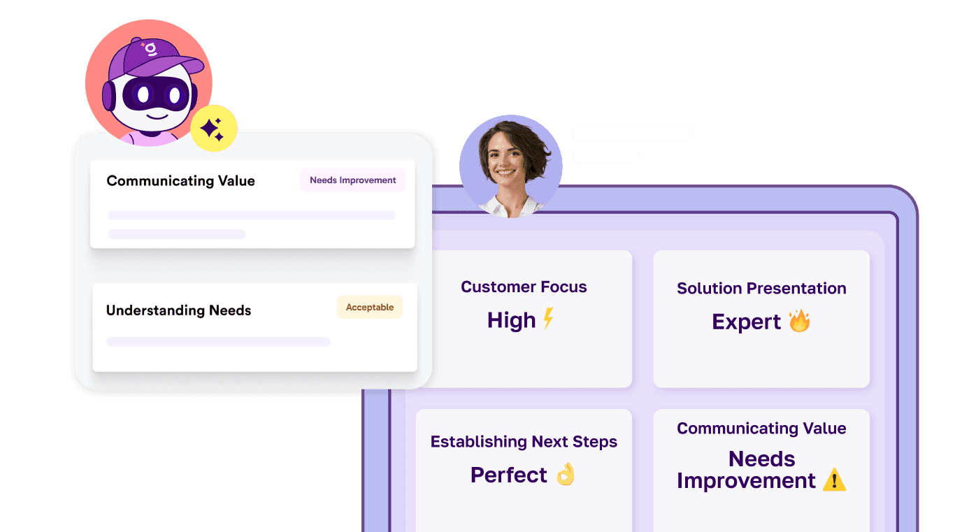 Ginni AI sales coach interface showing real-time performance scores like customer focus, solution presentation, and next steps