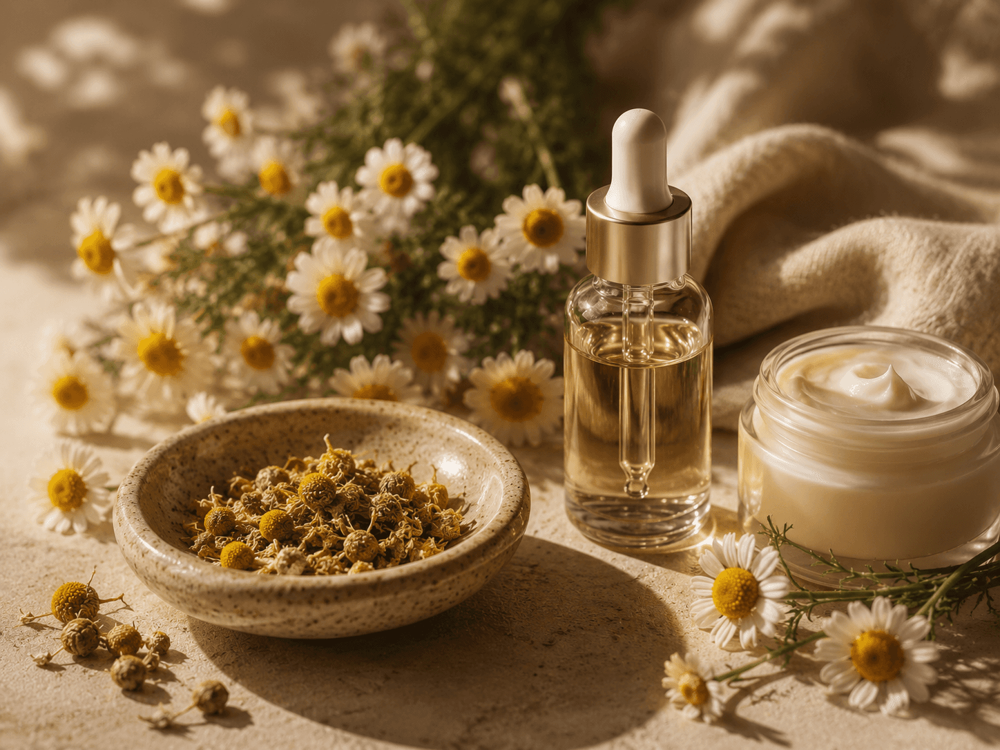 High-end editorial macro photograph of fresh chamomile flowers with soft white petals and yellow centers