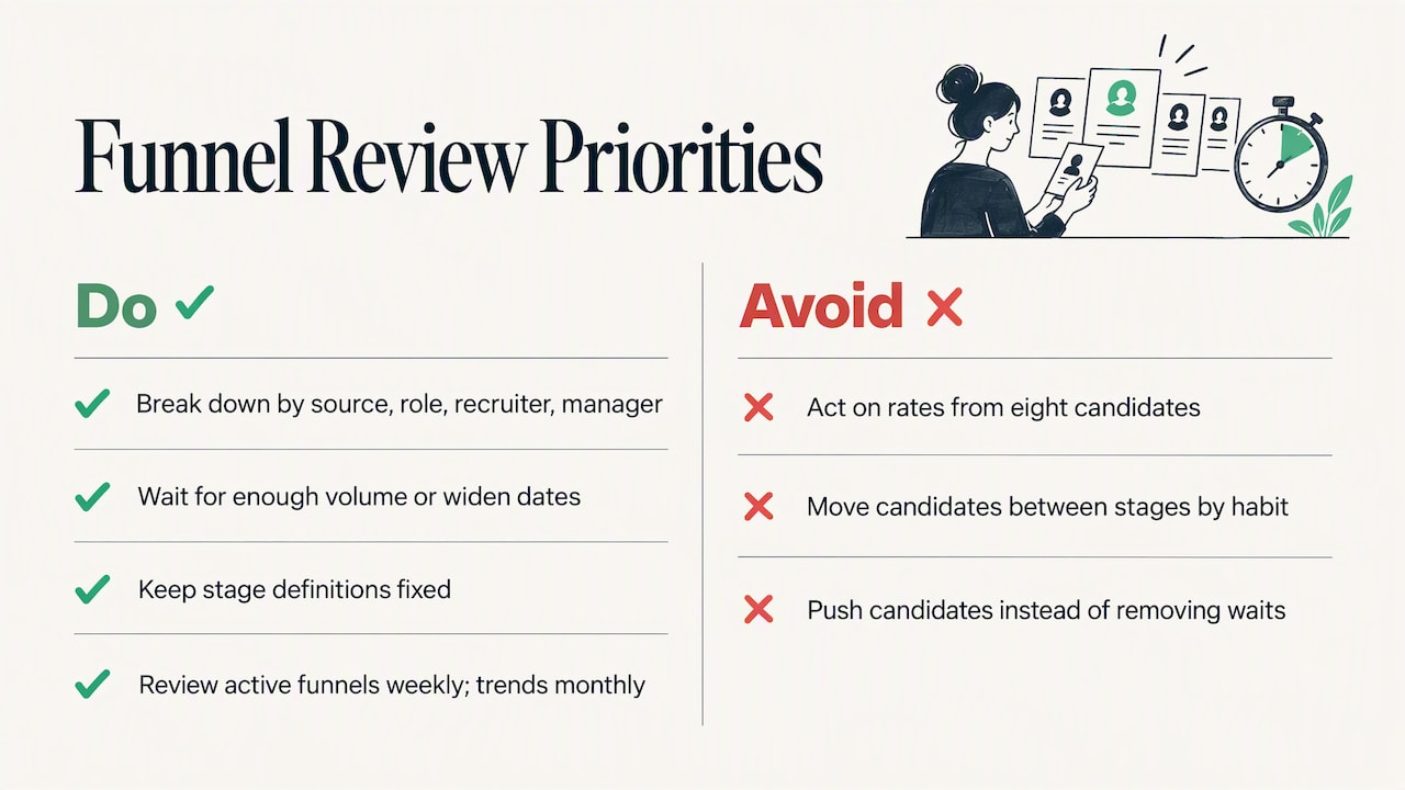Recruitment funnel stages with conversion and median time