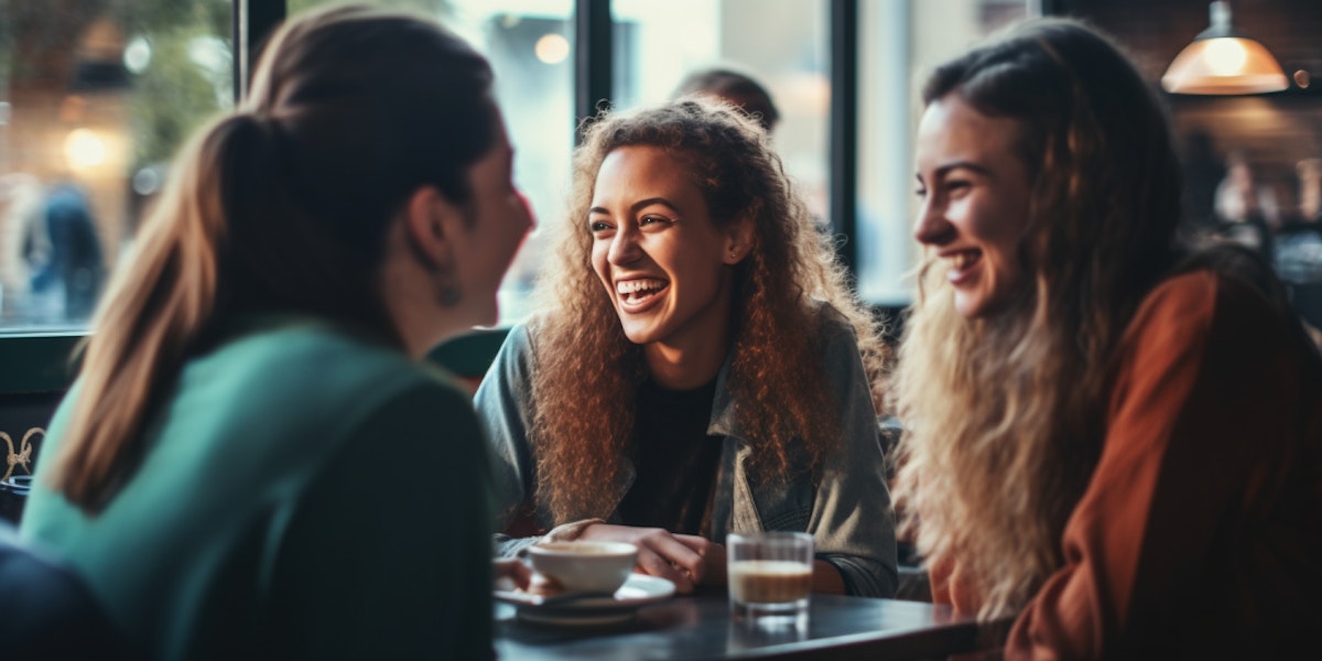 Two friends standing enjoying coffee