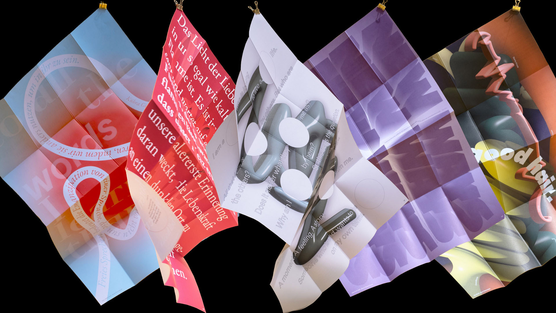 A series of three vertically hanging, folded posters displaying a mix of abstract geometric shapes in red, blue, and grey alongside the "Resilienz" lime-green sphere. This graphic design layout demonstrates a sophisticated use of typography and Swiss-style grid systems for institutional storytelling.