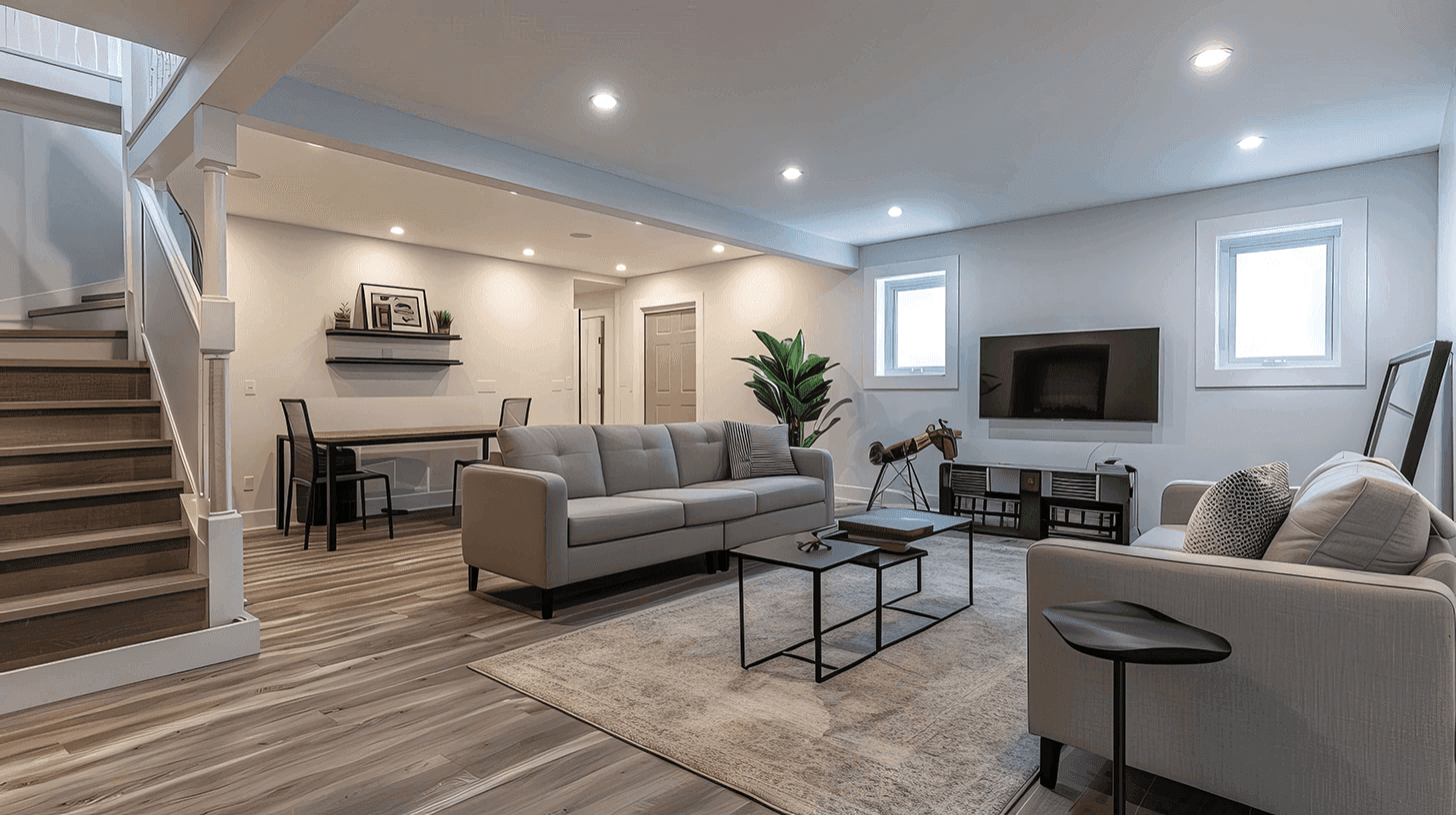 A cozy modern living room featuring gray sofas, a minimalist black coffee table, and a wall-mounted TV. A dining area with a sleek table and chairs sits in the background, and the space is decorated with a large indoor plant and neutral accents.