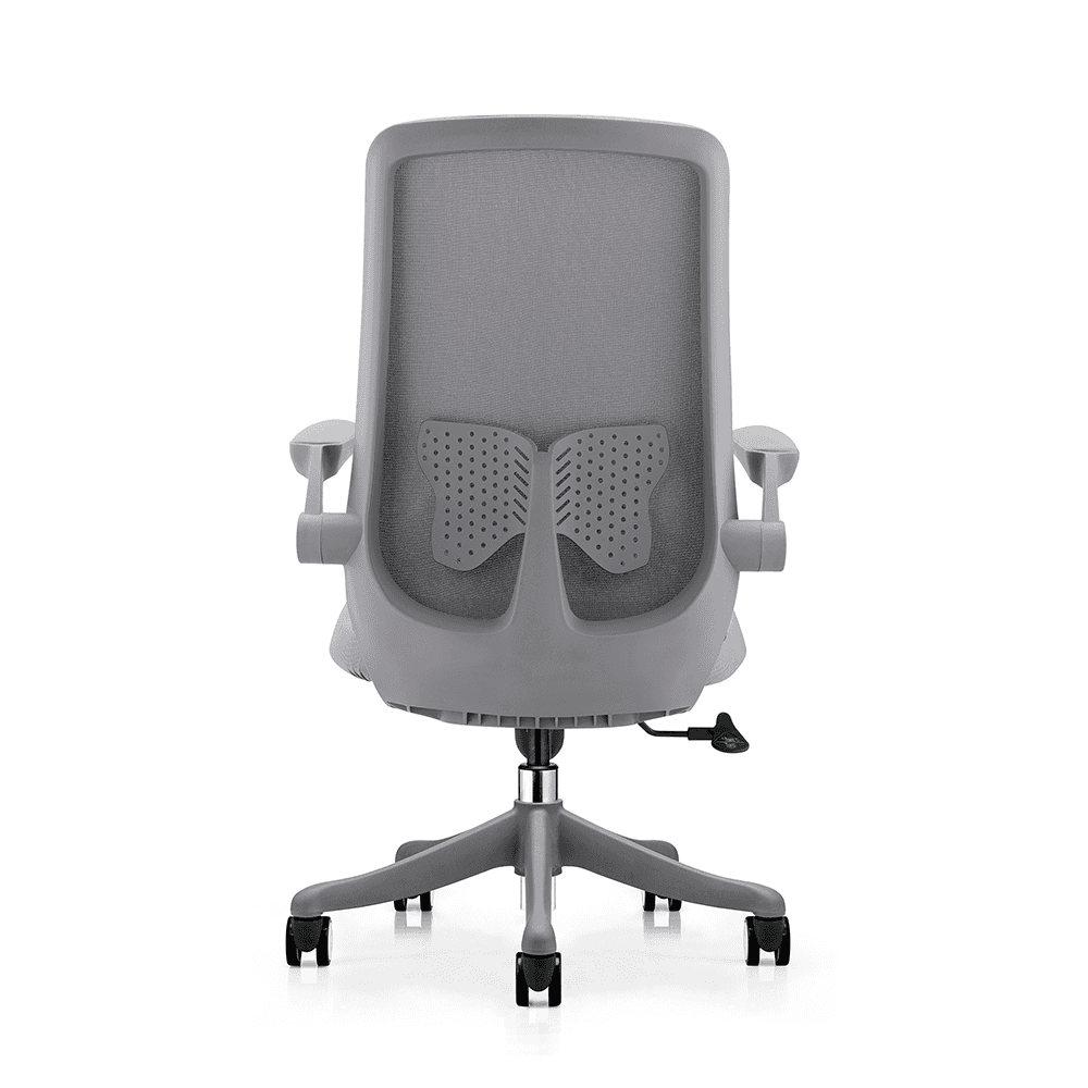 Rear view of a grey mid-back office chair showing the light grey polymer frame and the distinctive butterfly-style lower back support.