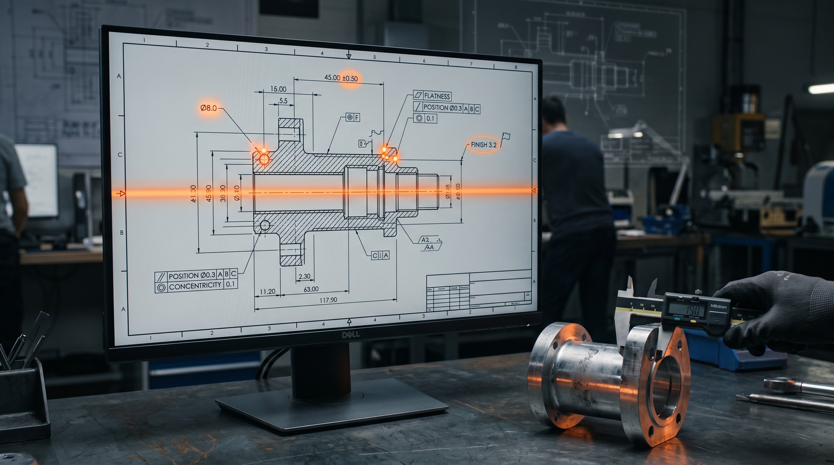 AI detecting common engineering drawing errors such as missing dimensions, tolerance issues, and GD&T conflicts, with visual indication of resulting manufacturing defects.