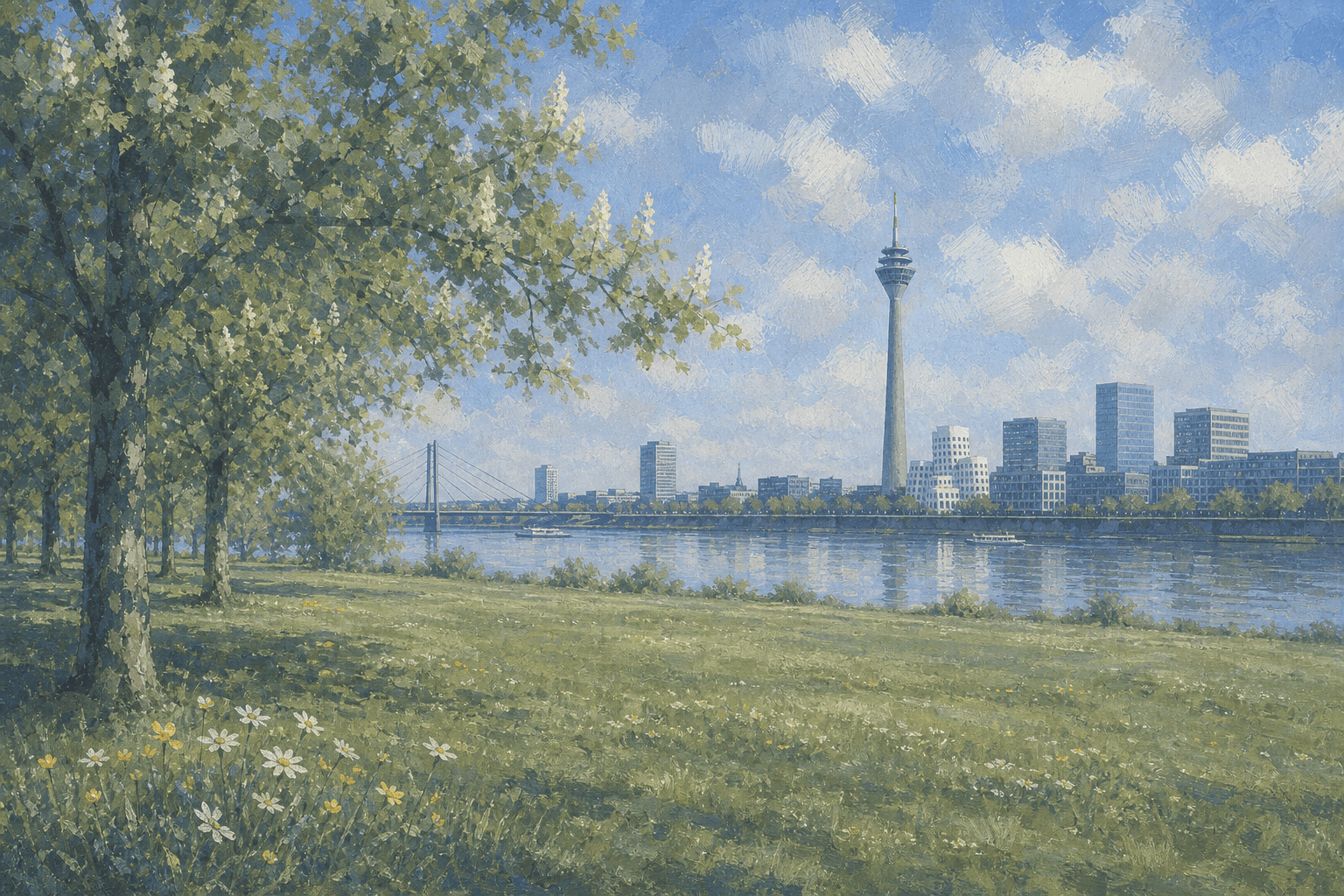 Gemäldeartiger Rheinpark in Düsseldorf mit blühender Kastanie, Wiesenblumen, Rhein, Brücke und Rheinturm im Mai.