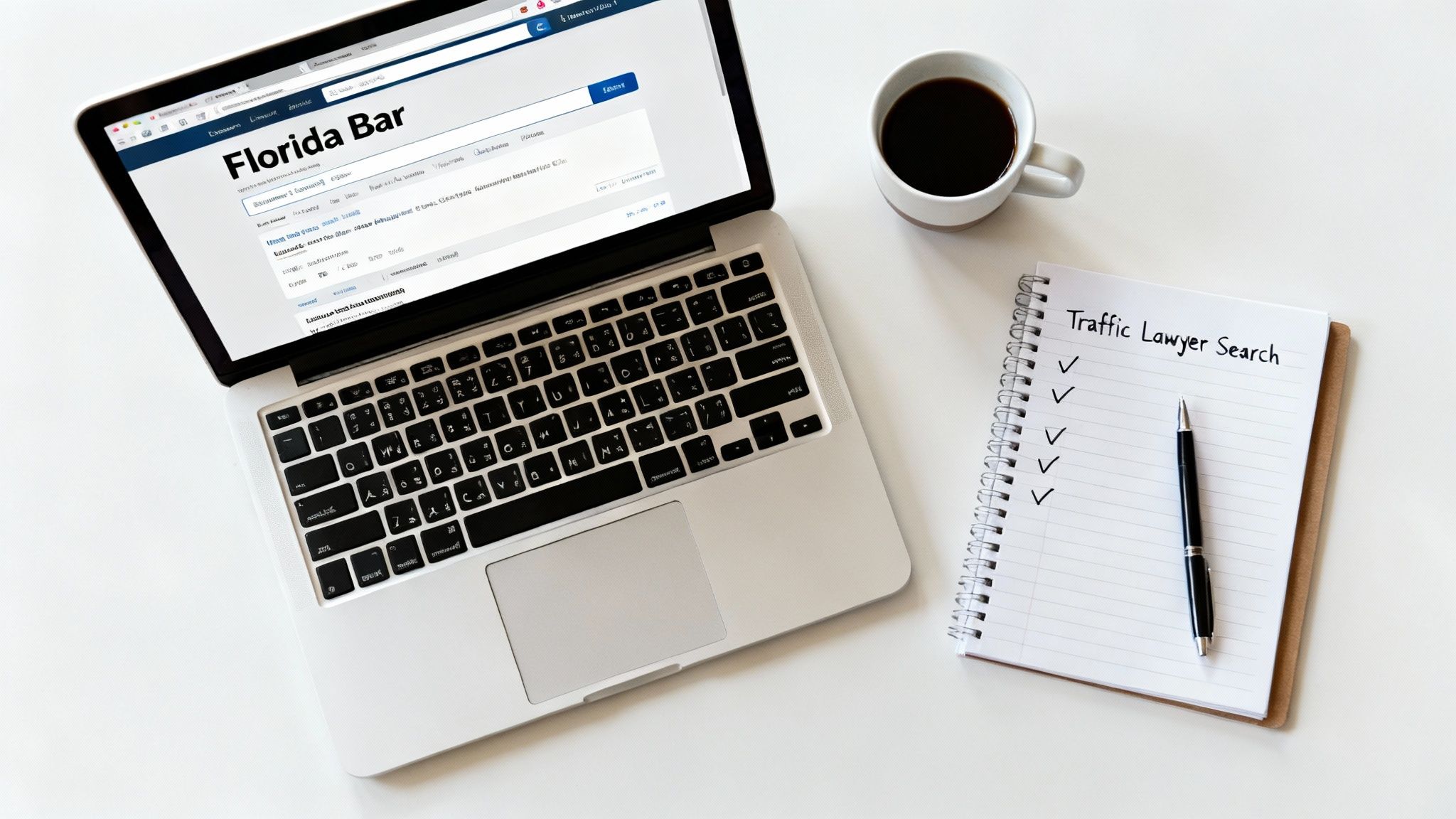 A person searches for 'Traffic Lawyer' on the Florida Bar website using a laptop, with coffee and a notepad.