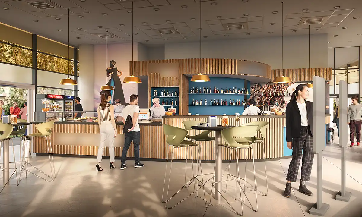 Modern bar with wooden counter, green bar stools, beer refrigerators, and cocktail area. 3D rendering for lounge bar and café.