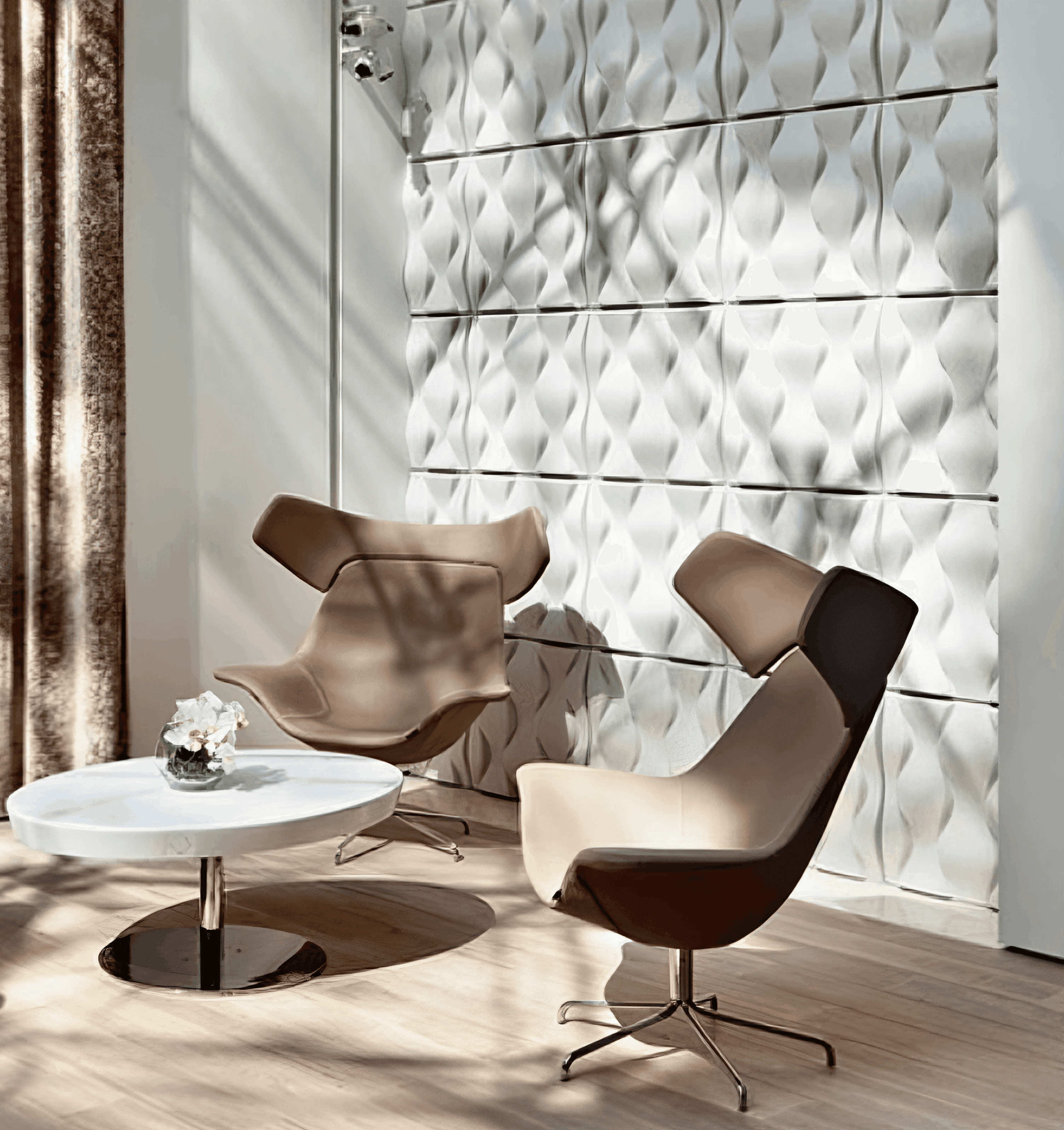 MW Interior - Exklusive Wartebereich-Lounge mit zwei eleganten Ledersesseln in Taupe, rundem weißem Couchtisch und dreidimensionaler weißer Wandverkleidung" Beschreibung: Hochwertige Loungesituation mit skulptural geformten Drehsesseln in Taupe-Leder, rundem Marmor-Couchtisch und einer plastisch gestalteten 3D-Wandverkleidung – repräsentativ, ruhig und auf feinstem gestalterischen Niveau.