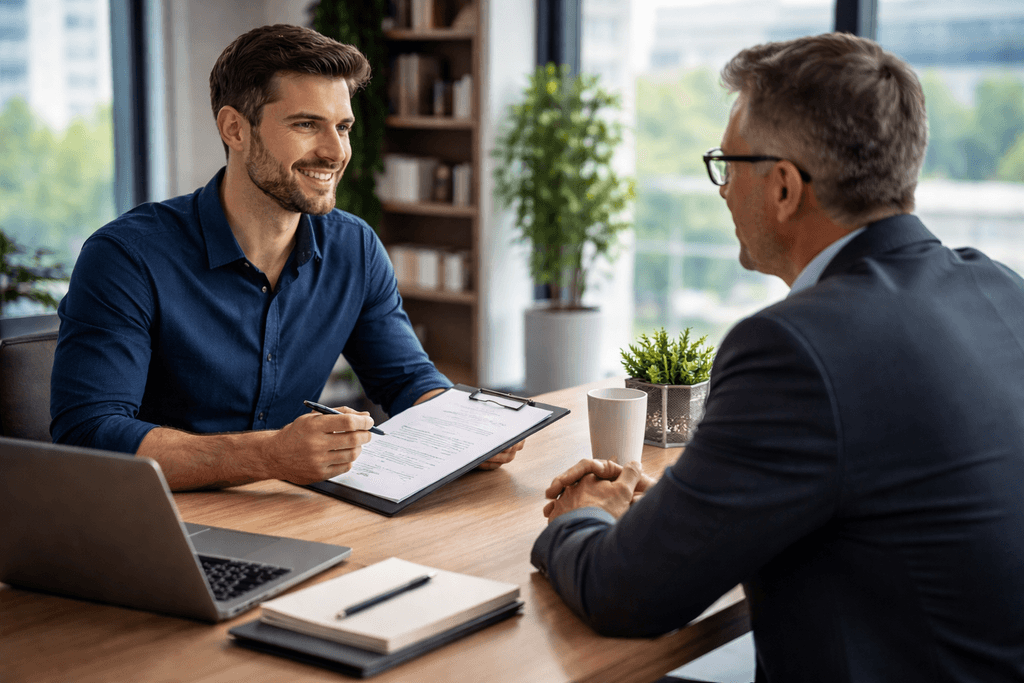 interview setting, two professionals across a table in a modern office