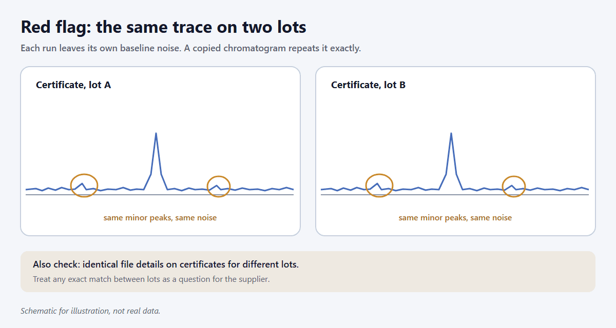Two HPLC chromatograms on certificates for supposedly different lots, with identical baseline noise and identical minor peaks highlighted, a sign one trace was reused