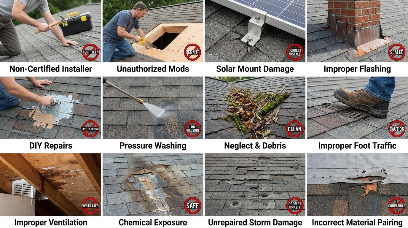 Twelve common actions that void roof warranties including DIY repairs and pressure washing