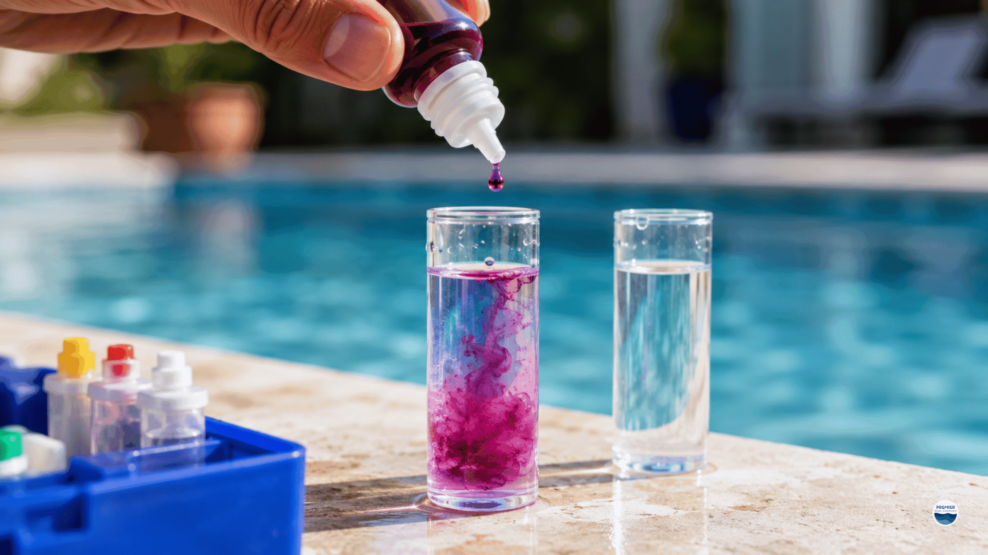 Accurate pool water testing using reagent drops and a liquid tester.