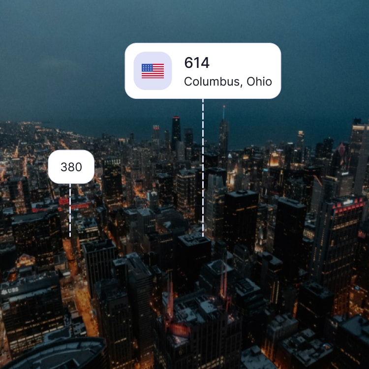 City skyline of Columbus showing the 614 area code and surrounding area codes
