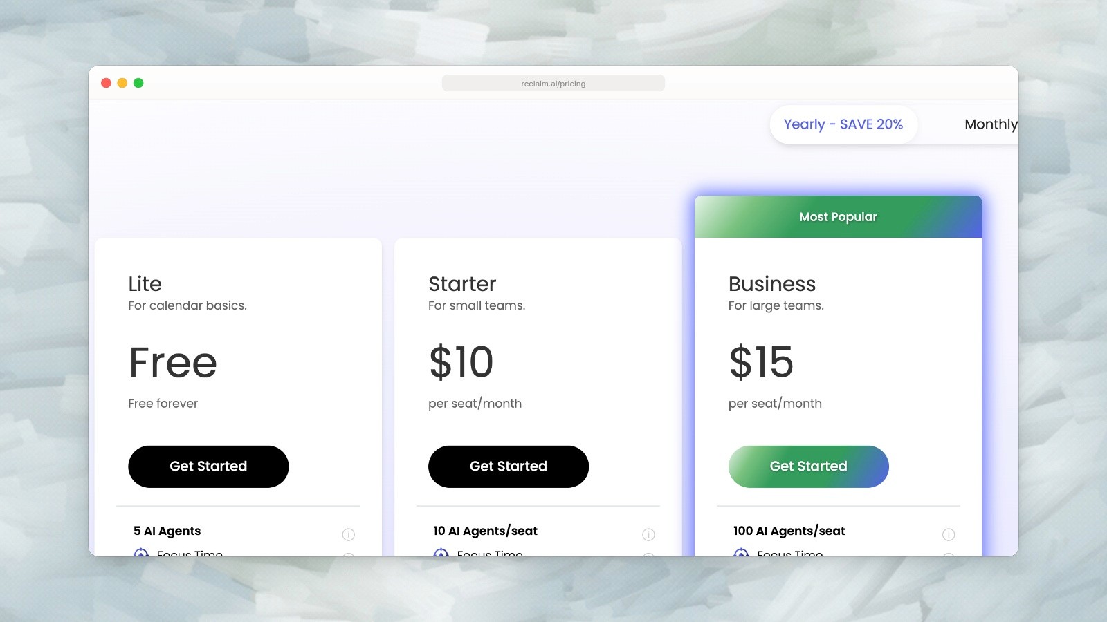 Reclaim annual pricing: Lite is free; Starter is US$10 and Business US$15 per seat per month.