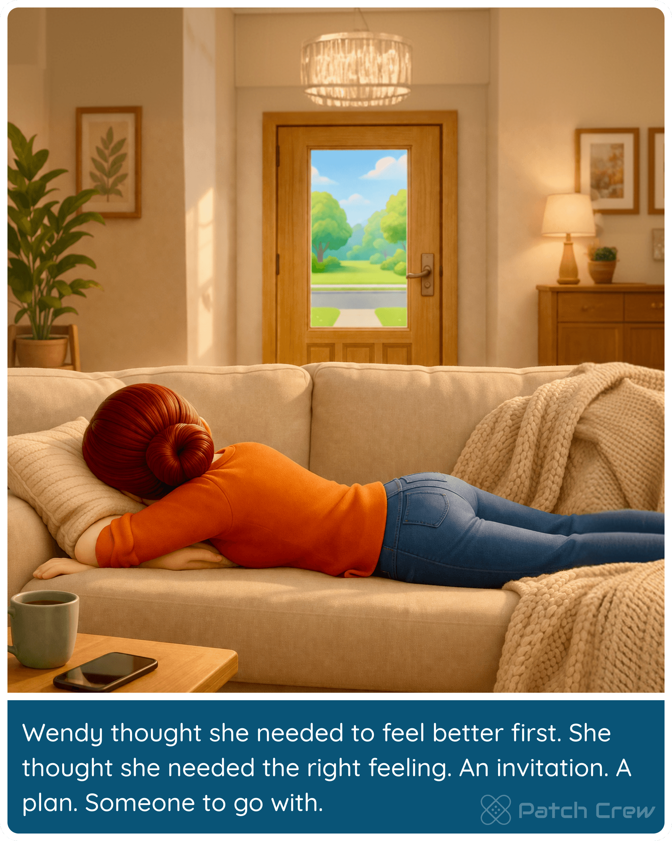 Image 1 of 9 from “Closer than you think”: Wendy thinks she must feel better first and needs the right feeling, an invitation, a plan, or someone to join her.